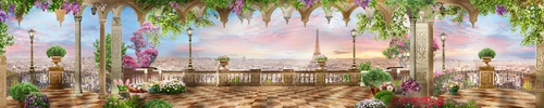 панорама, терраса, город, цветы, голубой, розовый, небо