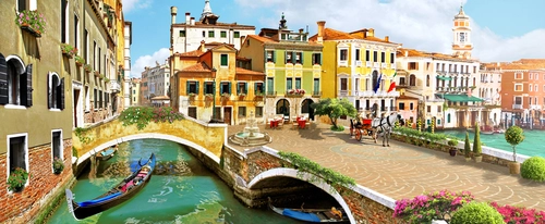 панорама, венеция, канал, гондола, желтые, коричневые, голубые, зеленые, HD