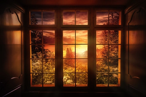 интерьер, окно, закат, природа, деревья, трава, коричневые, жёлтые
