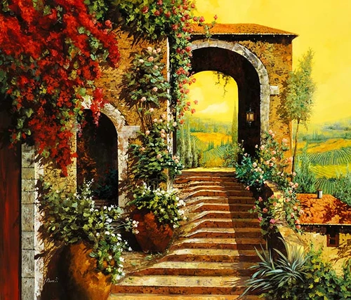 арка, поле, ступени, ступеньки, лестница, зелень, растительность, цветы, желтые, красные, оранжевые