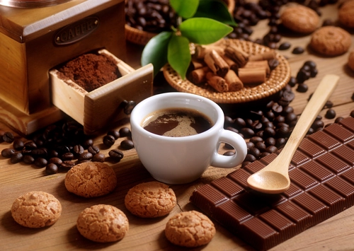 шоколад, печенье, кофе, корица, коричневые, зеленые, белые