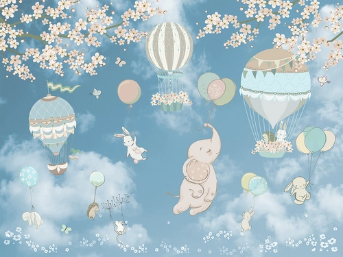слоны, зайцы, воздушные шары, HD, детские, животные, желтые, синие, серые, бежевые