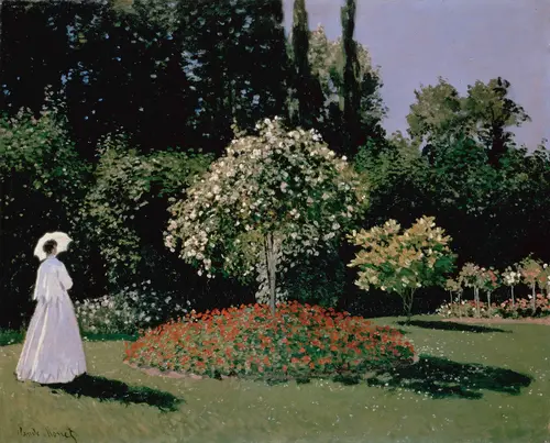 дама, сад, деревья, парк, живопись, картина, зеленые, голубые, белые
