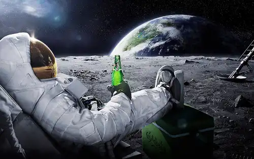 космос, планеты, вселенная, космонавт, пиво, реклама, звёзды, луна, серые, зелёные