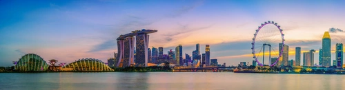 сингапур, небоскрёбы, небо, река, залив, сумерки, колесо обозрения, голубые, бежевые