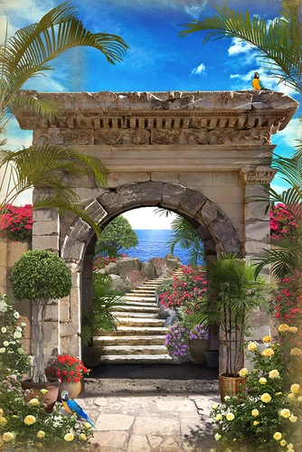 арка, ступени, лестница, море, вода, зелень, растительность, цветы, попугай, птица, голубые, синие, бежевые
