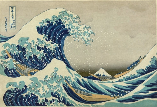 картина, япония, море, лодка, синие, бежевые