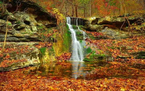 водопад, осень, природа, листья, лес, красочная листва, оранжевые