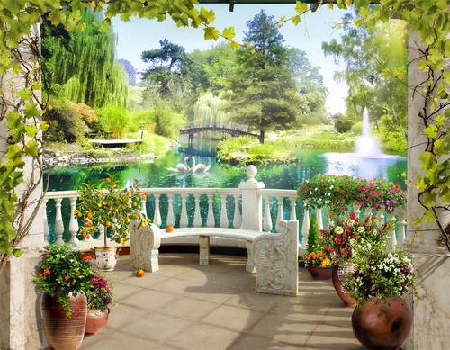 балкон, пруд, деревья, цветы, мостик, лебеди, зелёные, белые