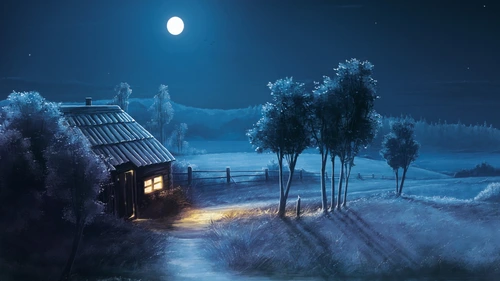 рисунок, лунный cвет, небо, ночь, синие, деревья, домик