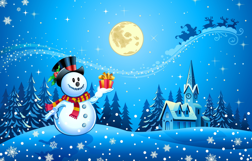 снеговик, новый год, зима, праздник, луна, ночь, желтые, синие