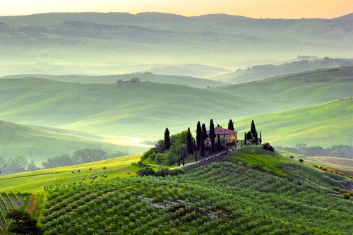 поле, долина, италия, природа, тоскана, зеленые, белые