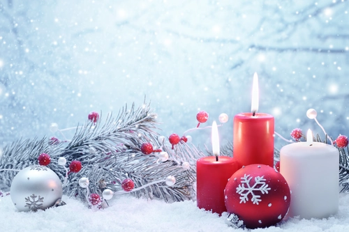 свечи, шар, новый год, праздник, снег, белые, красные