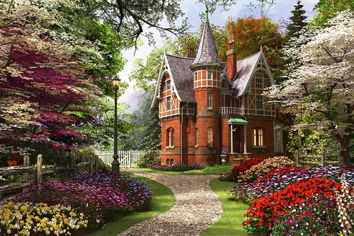 дом, замок, забор, парк, лес, белка, деревья, цветы, зелень, зеленые, разноцветные