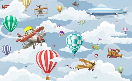 дирижабль, HD, детские, для мальчика, воздушные шары, небо, облака, самолет, синие, красные, зеленые