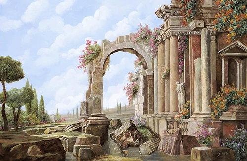 арки, колонны, колонна, статуя, деревья, кипарис, цветы, голубые, бежевые, коричневые