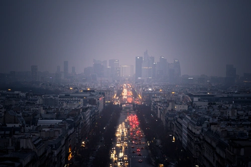 туман, Москва, Москва-Сити, проспект, машины, вечер, темные, фиолетовые, красные