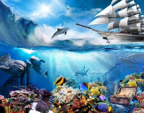 море, рыба, рыбы, эксклюзивные, корабль, парусник, голубые, синие, белые, подводный мир, крупный план, детские, сокровище, сундук, парус