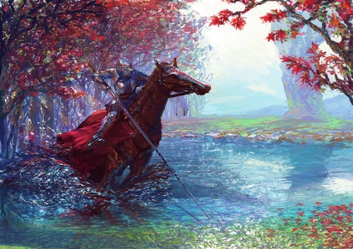 всадник, рыцарь в доспехах, конь, деревья, озеро, красные, голубые, коричневые