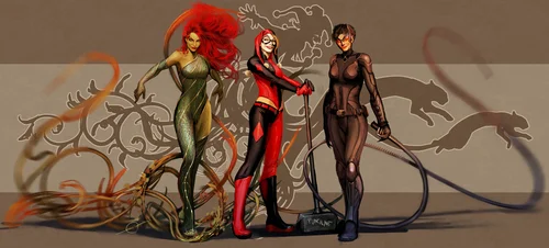 герои комиксов, DC, женщина кошка, ядовитый плющ, Харли Квинн, коричневые, красные, бежевые