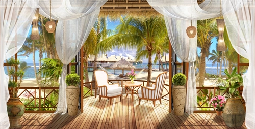 тропики, бунгало, пальмы, море, вазы, столик с креслами, шторы, зелёные, бежевые, белые