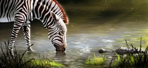 рисунок, животные, зебра, крокодил, вода, трава, зелёные