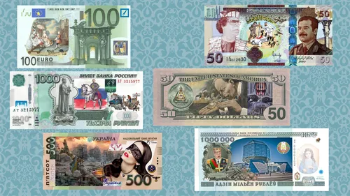деньги, валюта, банкноты, купюры, коллекция, голубые, бежевые, зелёные
