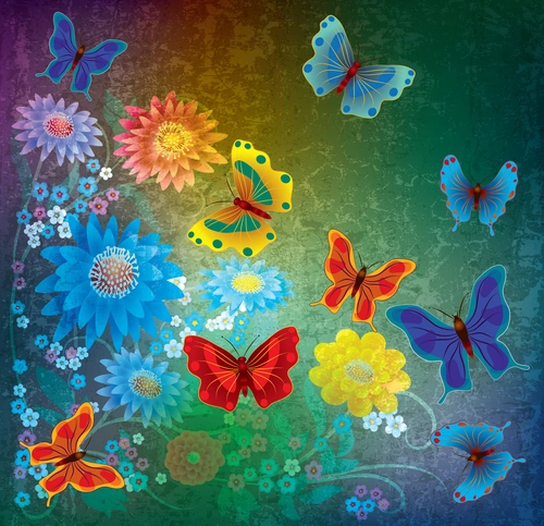 цветы, бабочки, боке, вектор, зелёные, синие, жёлтые, красные, дизайн, детские