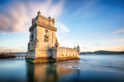 португалия, крепость, море, небо, мост, голубые, бежевые