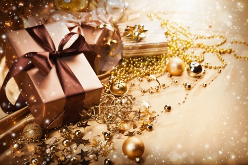 подарки, шар, новый год, праздник, белые, бежевые, мишура
