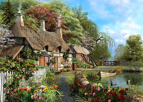дом, кошка, лодка, цветы, река, вода, утки, птицы, забор, растения, растительность, деревья, зеленые, разноцветные