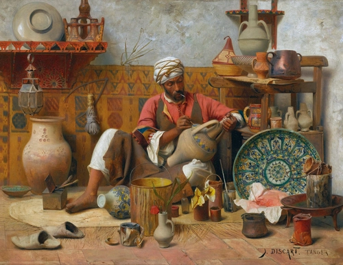 ремесленник, араб, картина, торговая лавка, коричневые, красные, бежевые