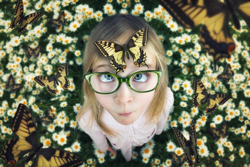 ребёнок, детские, юмор, девочка, очки, бабочки, ромашки, цветы, поляна, зелёные, жёлтые