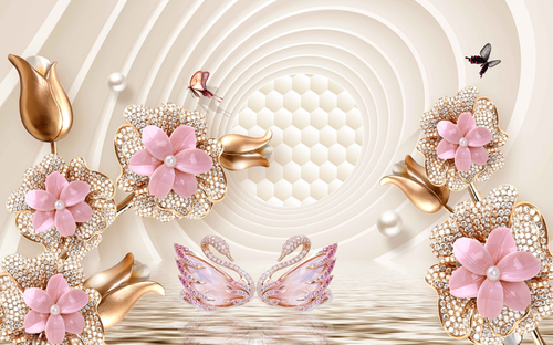3D фон, ювелирные изделия, цветы, лебеди, бабочки, бежевые, розовые