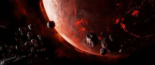 космос, вселенная, метеориты, астеройд, красные, чёрные
