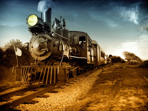 локомотив, состав, поезд, железная дорога, обочина, камни, трава, небо, дым, серые, коричневые