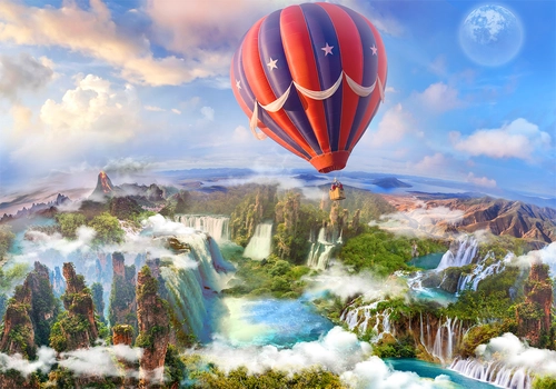 воздушный шар, небо, горы, водопады, вулкан, река, облака, голубые, зелёные, красные
