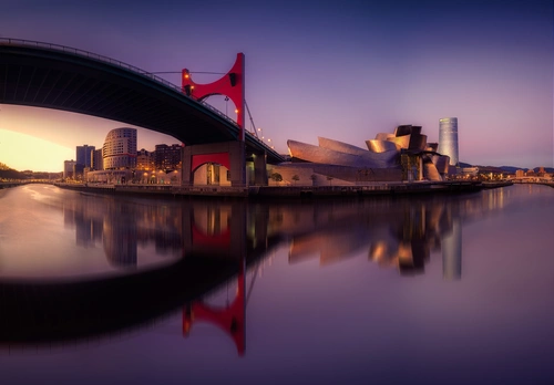 мост, Испания, вечерние реки, Бильбао Гуггенхайм, синие, фиолетовые