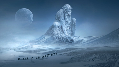 фентези, ледяная скульптура, экспедиция, горы, снег, луна, синие