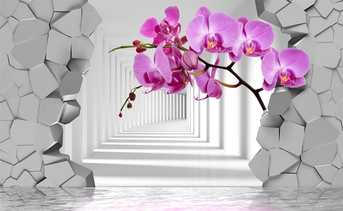 цветы, орхидеи, тунель, колонны, лепестки, ветвь, стена, фиолетовые, серые