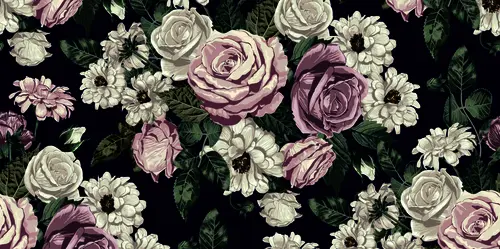 паттерн, розы, листья, цветы, зелёные, розовые, белые, тёмный фон
