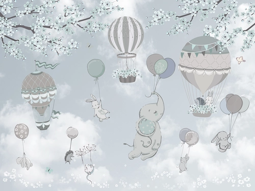 слоны, зайцы, воздушные шары, HD, детские, животные, зеленые, серые, коричневые