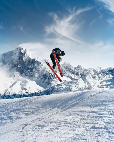 спорт, лыжник, спортсмен, зима, гора, снег, лыжи, голубые