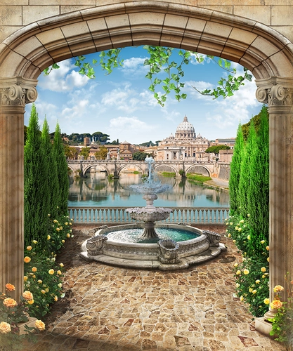 Италия, река, вода, арка, фонтан, храм, церковь, дом, дама, город, отражение, зелень, растительность, бежевые, голубые