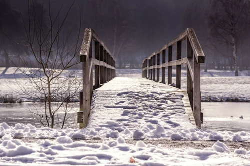 зима, весна, времена года, мост, снег, следы, река, вода, дерево, коричневые, белые