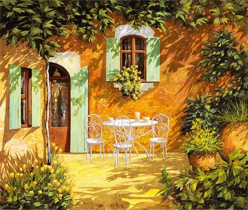 дом, стол, столик, стул, цветы, окна, дверь, зелень, растительность, кашпо, желтые, зеленые