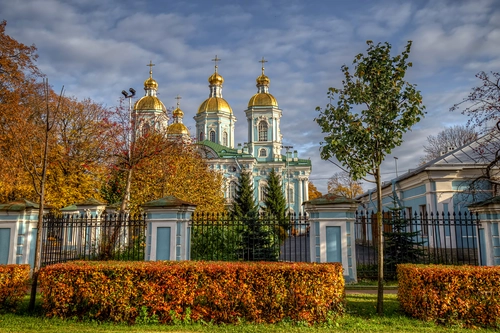 храм, церковь, архитектура, деревья, желтые, зеленые, голубые, санкт-петербург