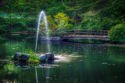 фонтан, озеро, япония, природа, струя, белые, зеленые