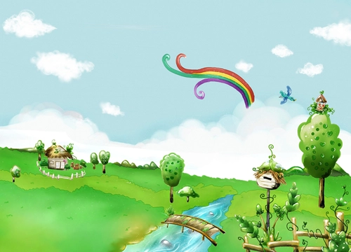 детские, поляна, лужайка, радуга, домик, речка, мостик, зеленый, салатовый, голубой, облака, деревья, скворечник