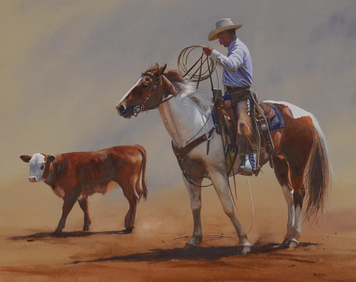 ковбой, корова, лассо, коричневые, картина, живопись, бежевые, белые